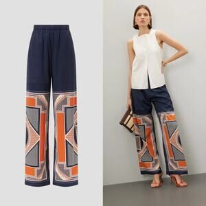 Rosetta Getty Pants Geometric Printed Wide Leg Trousers Bohemian Navy Orange 4